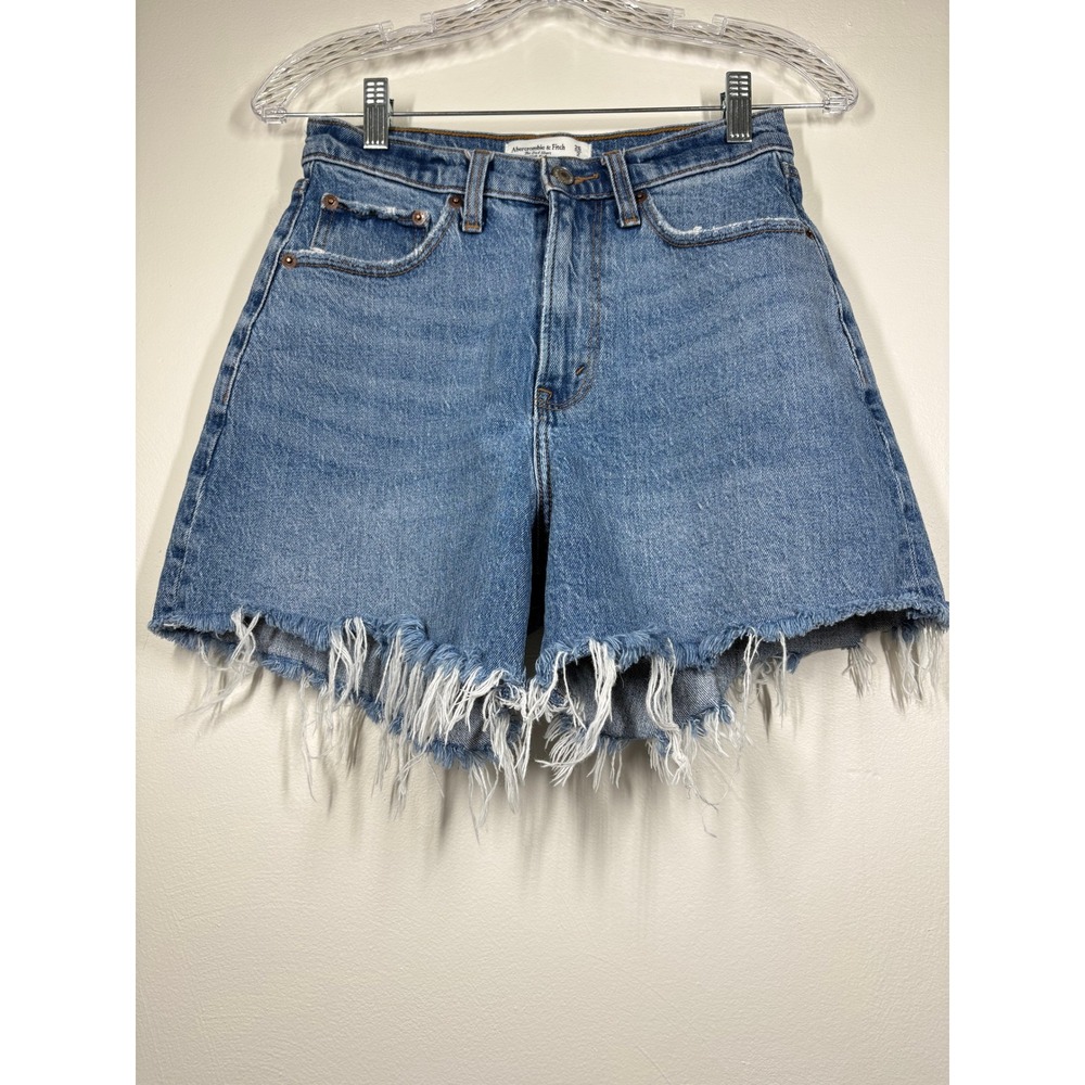 Abercrombie & Fitch Womens Dad Shorts 26 Blue High Rise Curve Love Frayed Denim